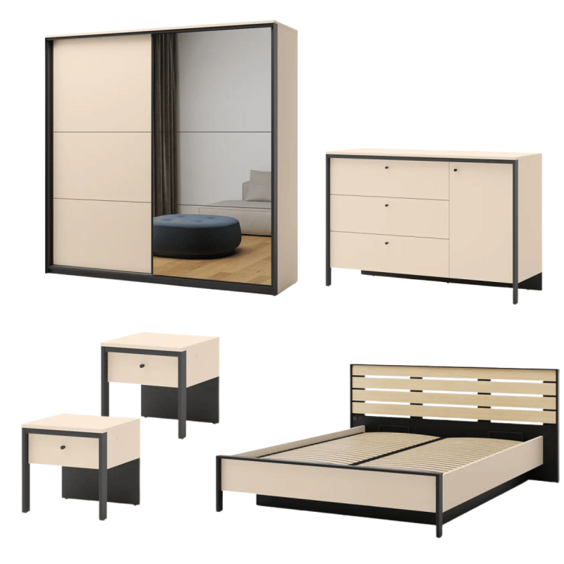 Zestaw Mebli Do Sypialni ENNA 1 Beż Piaskowy / Czarny Zestaw Mebli Do Sypialni ENNA 1 Beż Piaskowy / Czarny