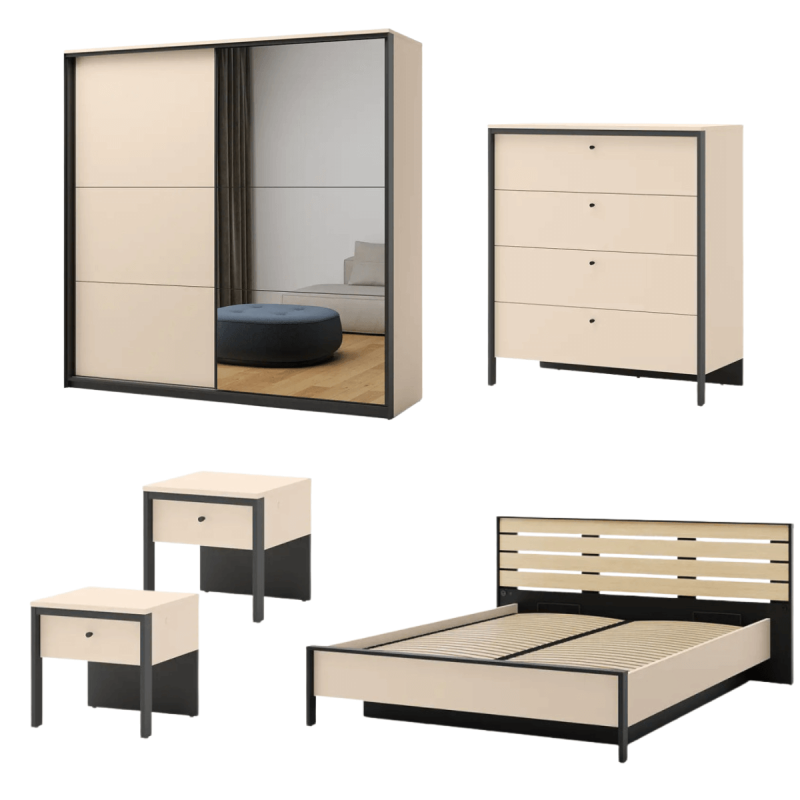 Zestaw Mebli Do Sypialni ENNA Beż Piaskowy / Czarny Oświetlenie Zestaw Mebli Do Sypialni ENNA Beż Piaskowy / Czarny Oświetlenie