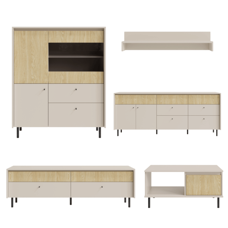 Zestaw Mebli Do Salonu MALTA Beż Piaskowy / Dąb Olejowany Styl Zestaw Mebli Do Salonu MALTA Beż Piaskowy / Dąb Olejowany Styl