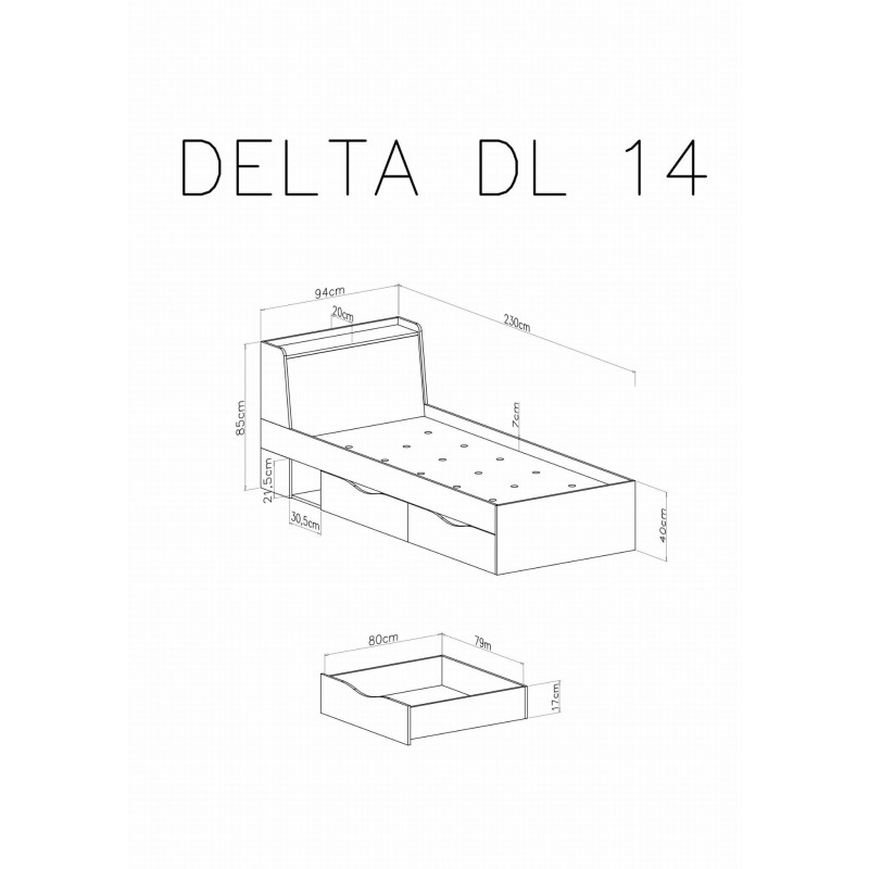 Łóżko 90 z szufladami Delta DL14 Dąb / Antracyt Meblar