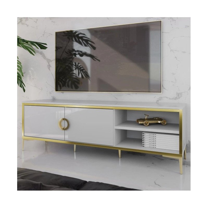 Szafka RTV Golden 2 G2NT131 Biały połysk/złoty Meble Forte