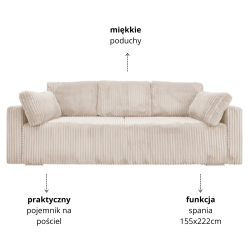 Nowoczesna sofa Bianca kremowa z funkcją spania
