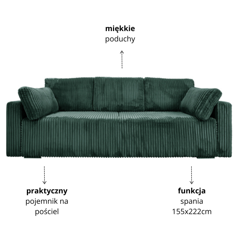 Nowoczesna sofa Bianca zielona z funkcją spania