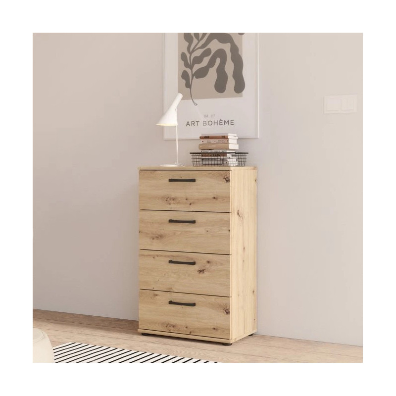 Komoda NIKO Dąb Artisan z 4 szufladami. Kompaktowy rozmiar, montaż do ściany, nowoczesny styl. Kup w Domowanie.pl!