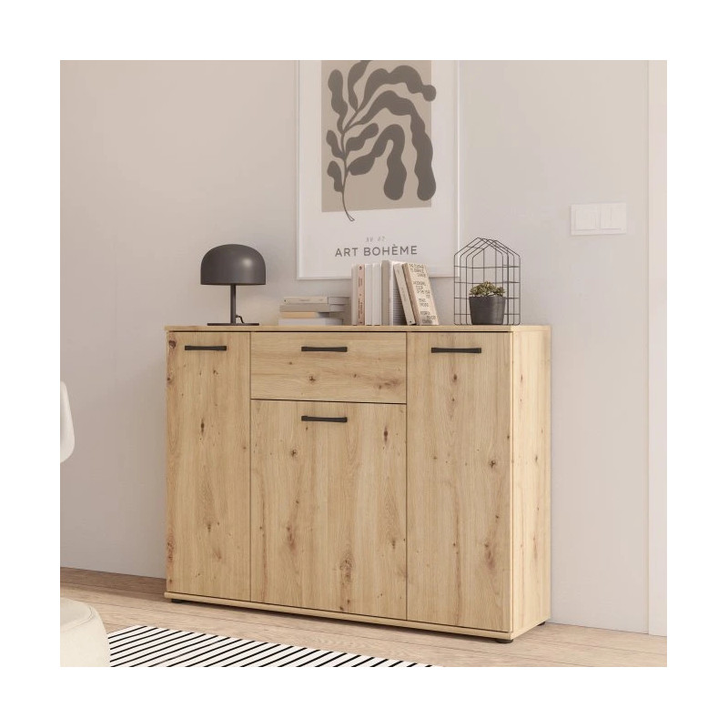 Szeroka komoda NIKO z szufladą i półkami – Dąb Artisan | Kup online