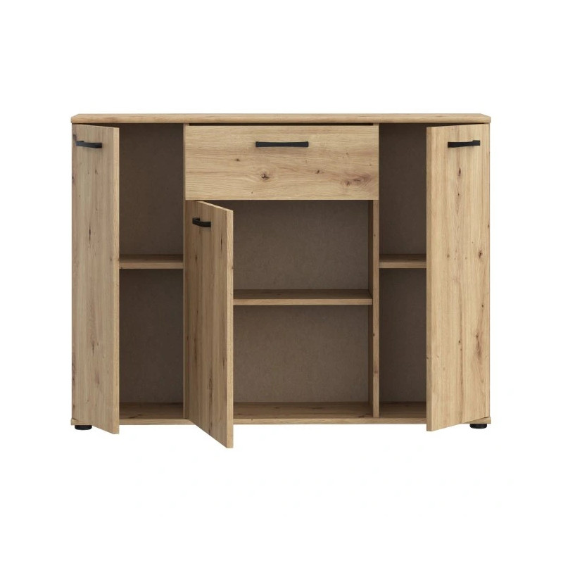 Szeroka komoda NIKO z szufladą i półkami – Dąb Artisan | Kup online