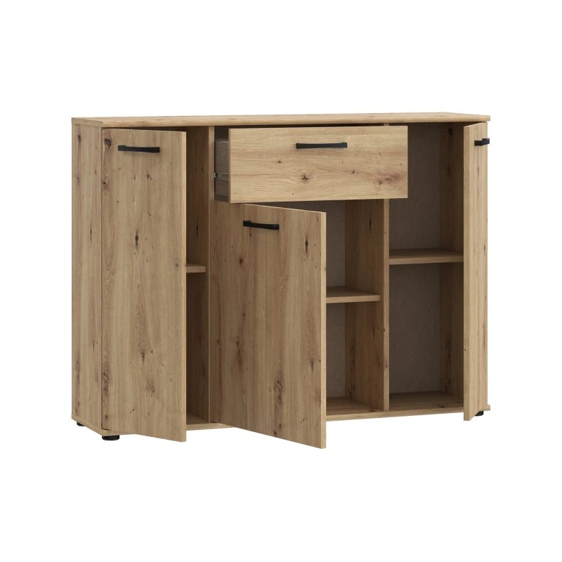 Szeroka komoda NIKO z szufladą i półkami – Dąb Artisan | Kup online