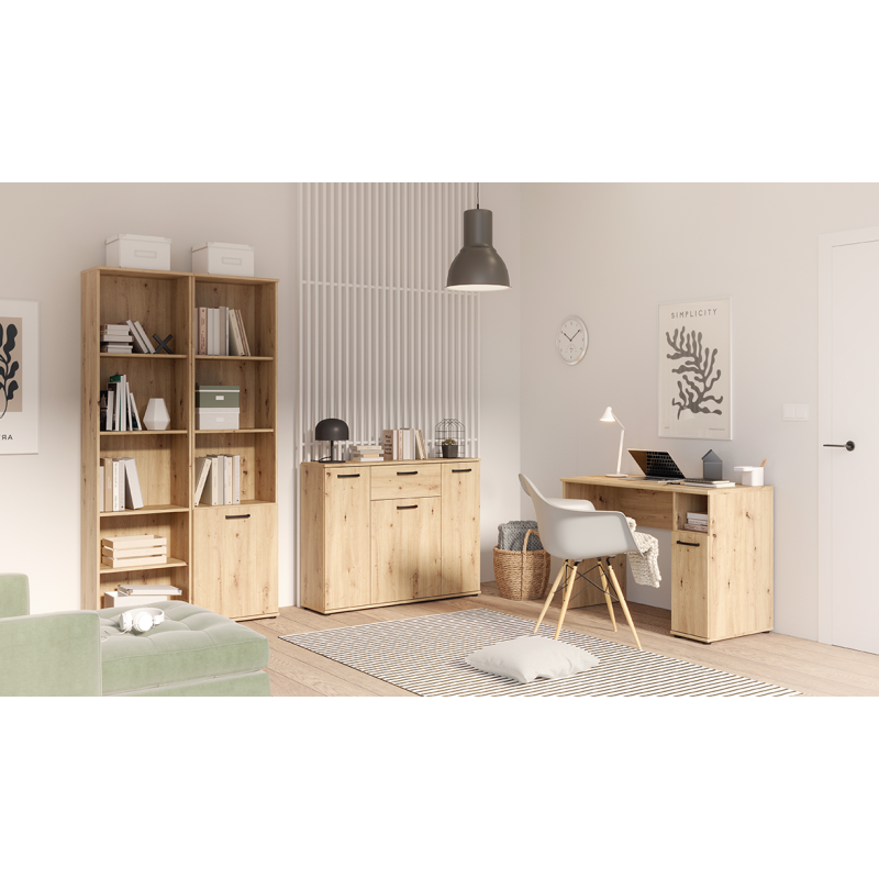 Szeroka komoda NIKO z szufladą i półkami – Dąb Artisan | Kup online