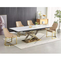 Nowoczesny stół Hermes II z ceramicznym blatem biały połysk efekt marmuru/złoty 160(240)x90