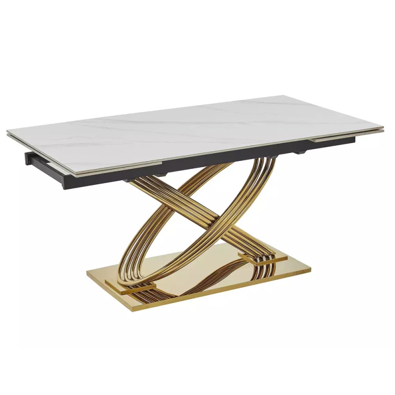 Nowoczesny stół Hermes II z ceramicznym blatem biały połysk efekt marmuru/złoty 160(240)x90