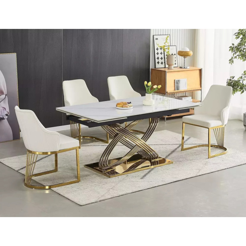 Nowoczesny stół Hermes II z ceramicznym blatem biały połysk efekt marmuru/złoty 160(240)x90