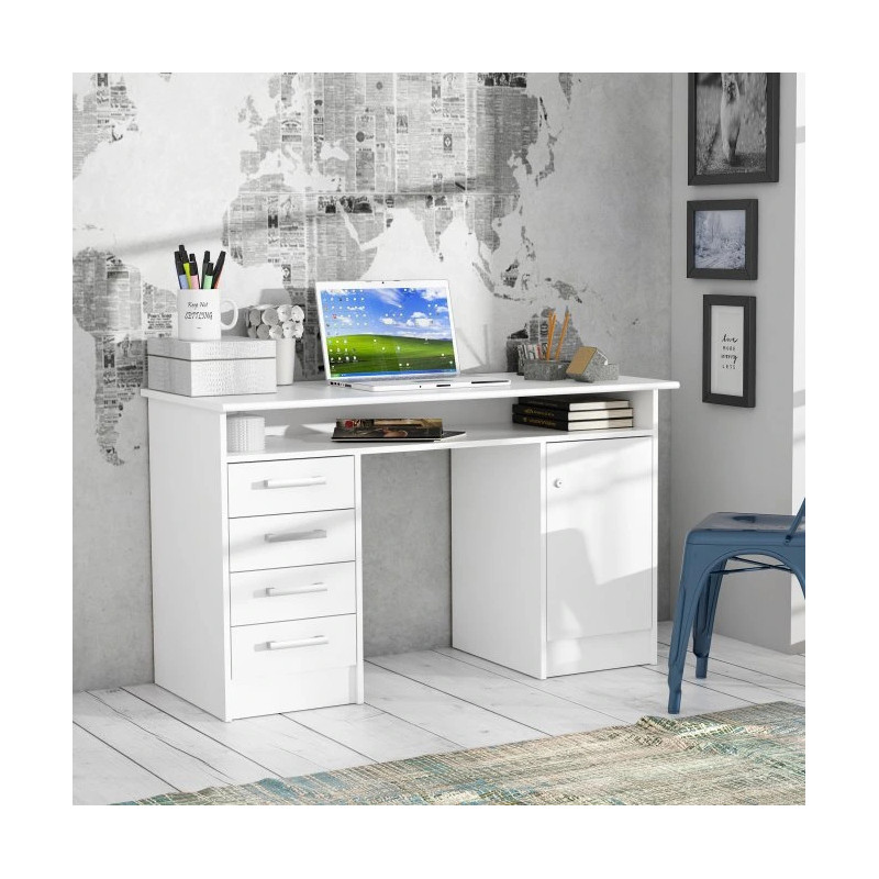 Biurko białe 126x55 cm z szafką na klucz i szufladami — Domowanie.pl