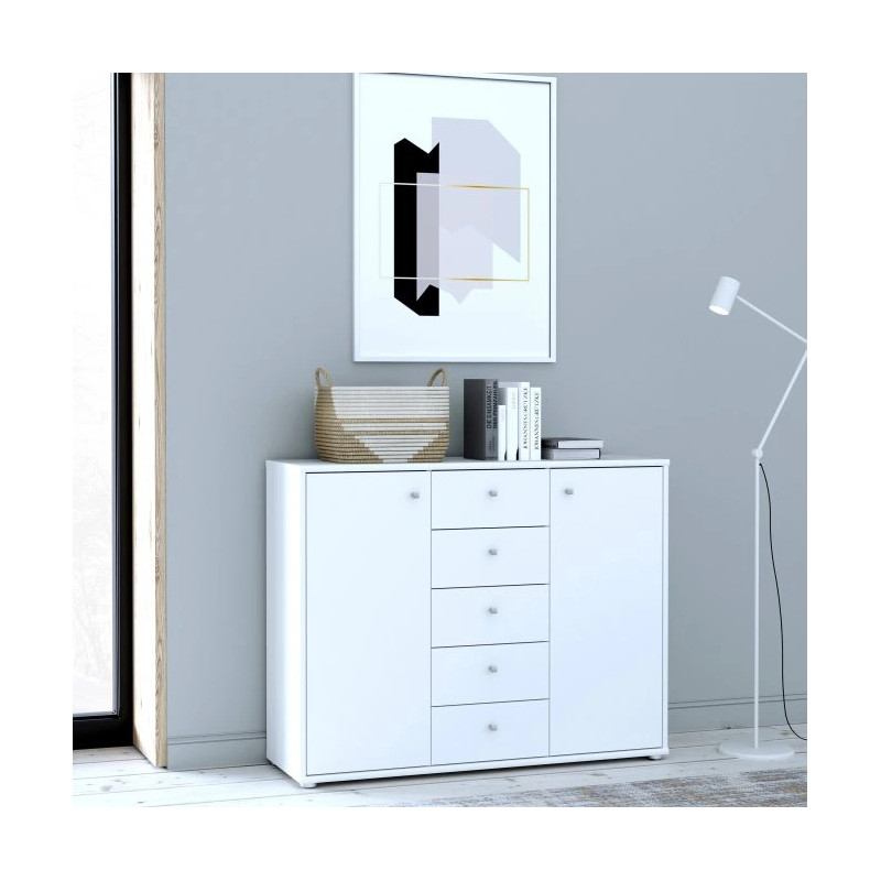 Komoda 5 szuflad i 2 drzwiczki Biała 108,8 cm – nowoczesna | Domowanie.pl