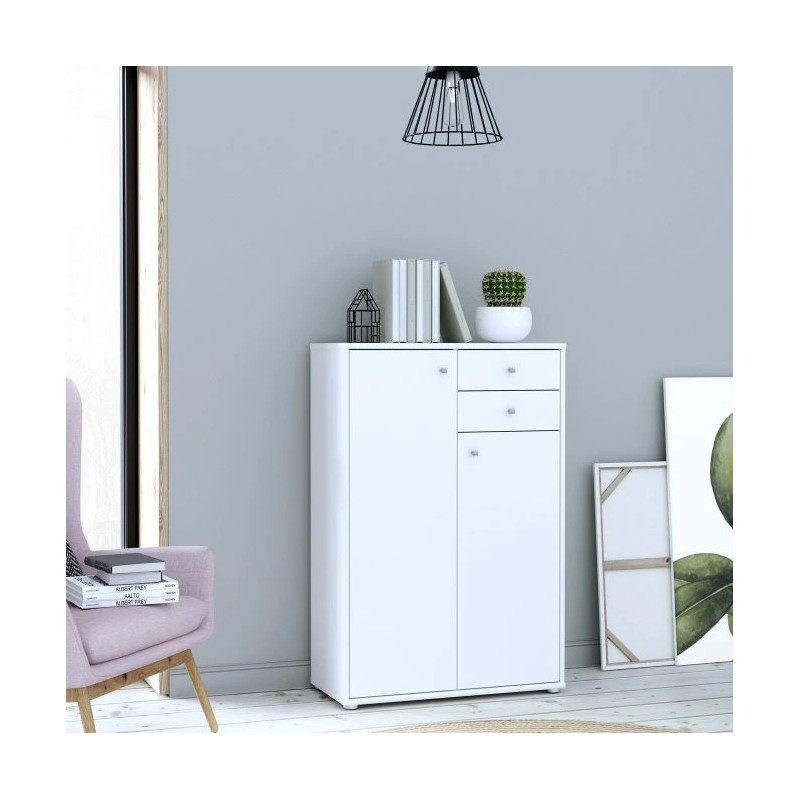 Komoda wysoka 2 szuflady i szafki Biała 111 cm | Domowanie.pl