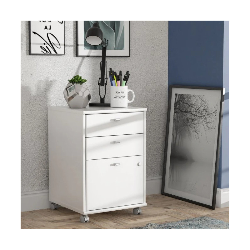 Kontenerek biurowy biały z zamykaną szafką – 2 szuflady | Domowanie