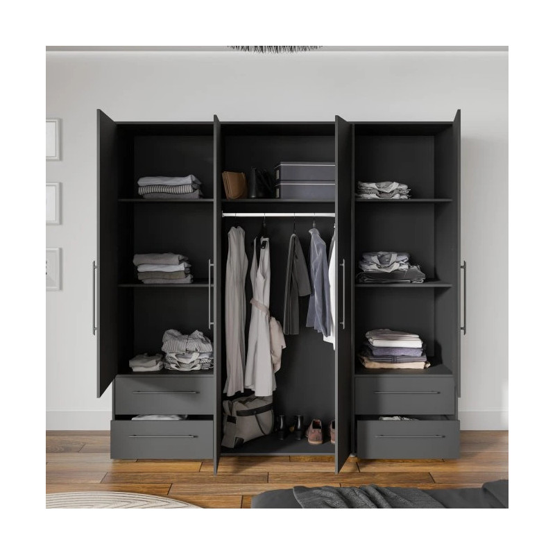 Szafa ubraniowa JUPITER czarna – 4 drzwi, 4 szuflady – Kup teraz