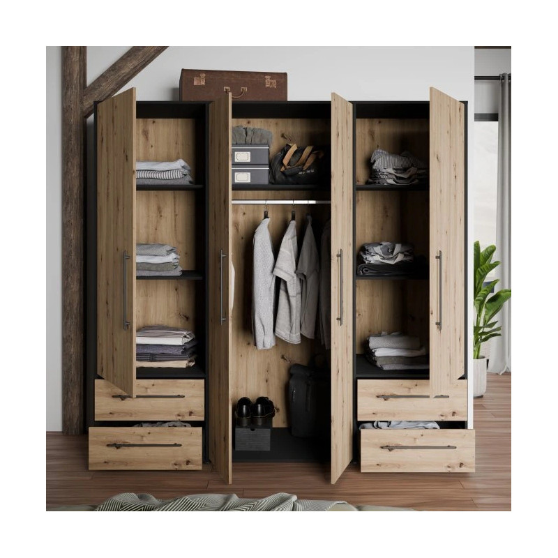 Nowoczesna szafa JUPITER – czarna z dekorem drewna – Kup teraz