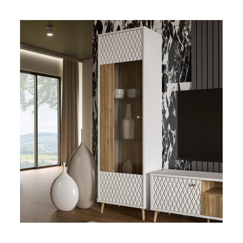 Witryna wąska ryflowana 60 cm Aksana AKNV711-M992 Biały/Dąb Mauvella Meble Forte