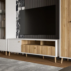 Szafka RTV ryflowana Aksana AKNT122L-M992 Biały/Dąb Mauvella Meble Forte