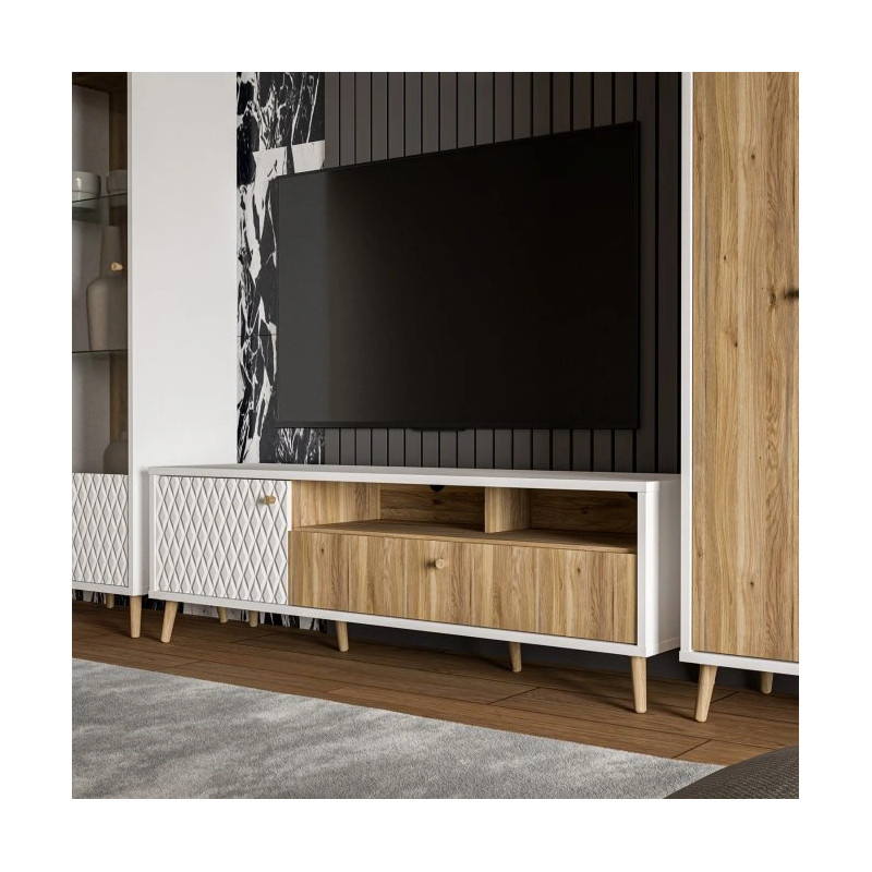 Szafka RTV ryflowana Aksana AKNT122L-M992 Biały/Dąb Mauvella Meble Forte