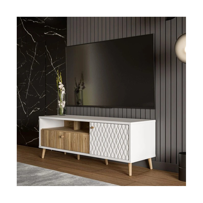 Szafka RTV ryflowana Aksana AKNT121R-M992 Biały/Dąb Mauvella Meble Forte