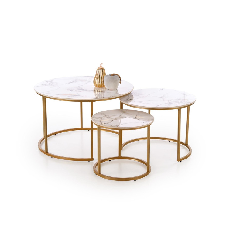 Zestaw 3 ław GILDORA biały marmur/złoty