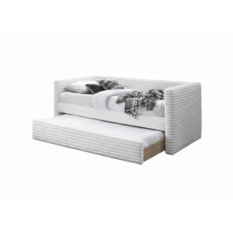 Łóżko pojedyncze ALABERO tapicerowane z wysuwanym dolnym materacem, kremowy