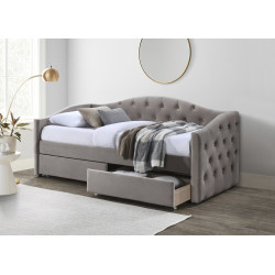 Łóżko pojedyncze ALOHIRO tapicerowane z szufladami, beż