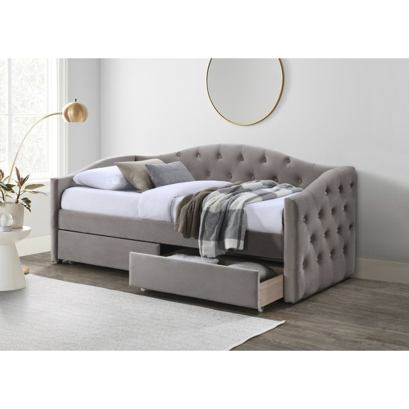 Łóżko pojedyncze ALOHIRO tapicerowane z szufladami, beż