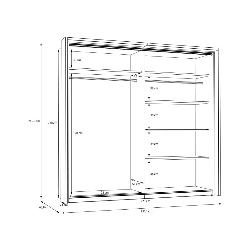 Szafa przesuwna 230 cm Wakatipu WTPS92312-M247 Biały/Biały połysk/Dąb Riviera Meble Forte