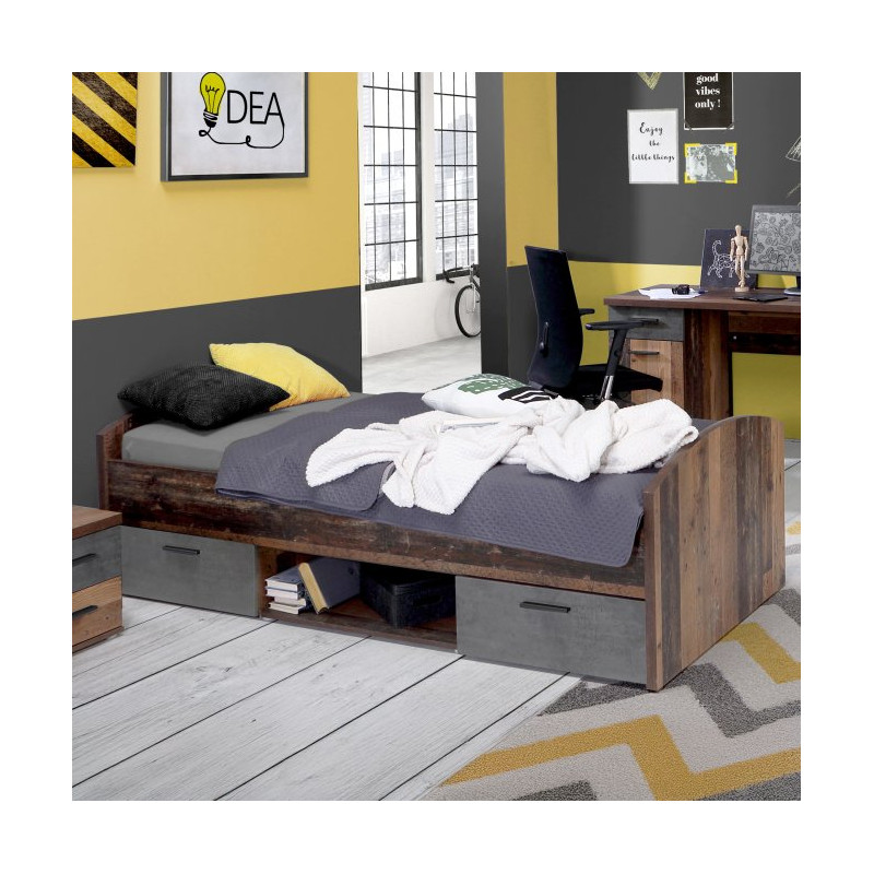 Łóżko młodzieżowe Clif 90x200 old wood vintage beton