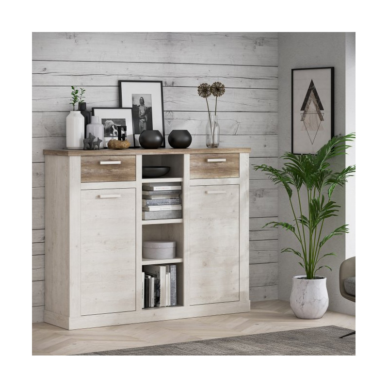 Wysoka komoda Duro 160 cm pinia biała/dąb antyczny