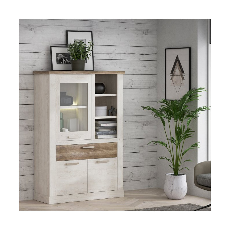 Witryna 110 cm Duro z praktyczną szufladą | pinia biała/dąb antyczny