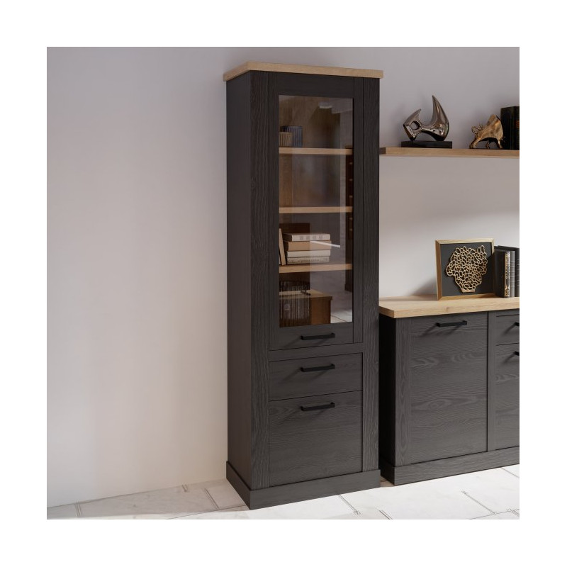 Wysoka witryna Duro z praktyczną szufladą | dąb riviera/dąb cabezone