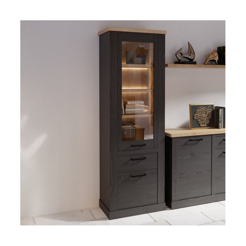 Wysoka witryna Duro z praktyczną szufladą | dąb riviera/dąb cabezone