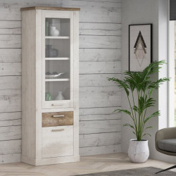 Wysoka witryna Duro z praktyczną szufladą | pinia biała/dąb antyczny