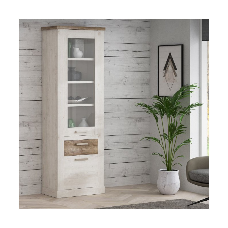 Wysoka witryna Duro z praktyczną szufladą | pinia biała/dąb antyczny