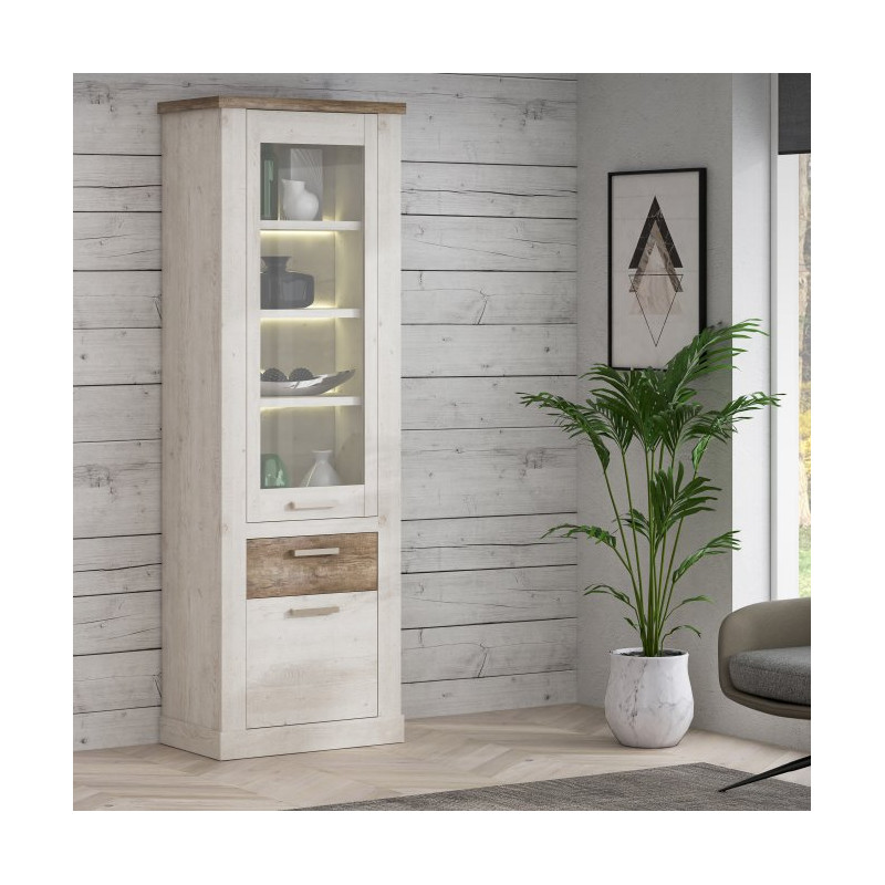 Wysoka witryna Duro z praktyczną szufladą | pinia biała/dąb antyczny