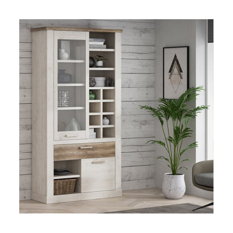 Duża witryna z szufladą Duro Meble Forte | pinia biała/dąb antyczny