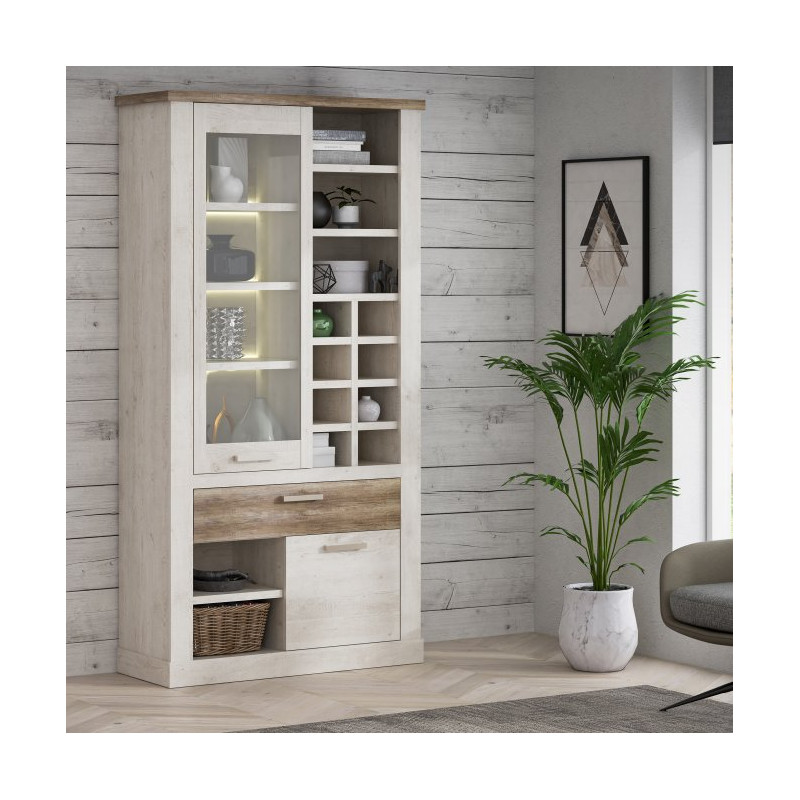 Duża witryna z szufladą Duro Meble Forte | pinia biała/dąb antyczny