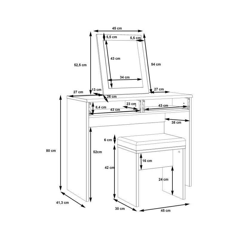Toaletka Duro z lustrem i siedziskiem – pinia biała/dąb antyczny