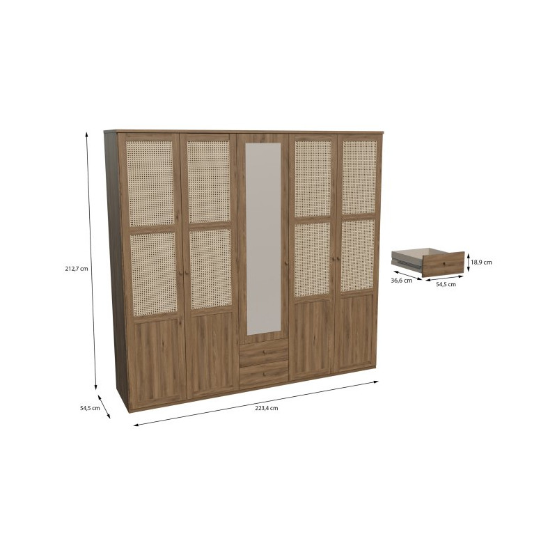 Szafa z lustrem 220 cm GLKS952 – dąb valencia i naturalny rattan