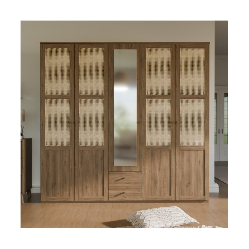 Szafa z lustrem 220 cm GLKS952 – dąb valencia i naturalny rattan