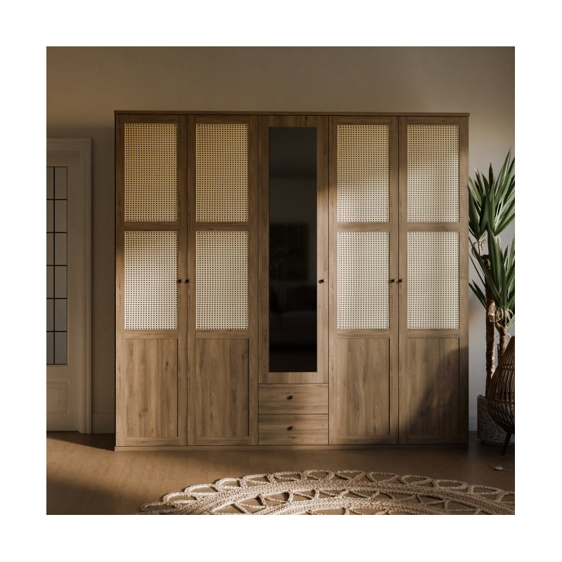 Szafa z lustrem 220 cm GLKS952 – dąb valencia i naturalny rattan