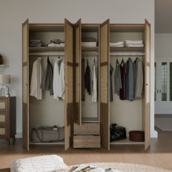 Szafa z lustrem 220 cm GLKS952 – dąb valencia i naturalny rattan