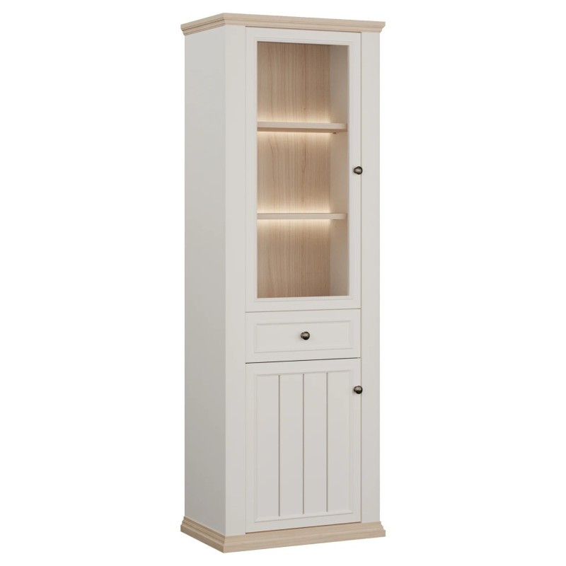 Wąska witryna 70 cm Pontypool PNTV711 – biały/dąb riva