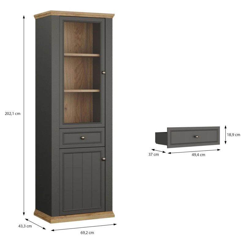 Wąska witryna 70 cm Pontypool – dąb mauvella/uni wolfram szary