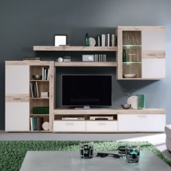 Meblościanka Zumba biały/dąb piaskowy – zabudowa RTV do salonu