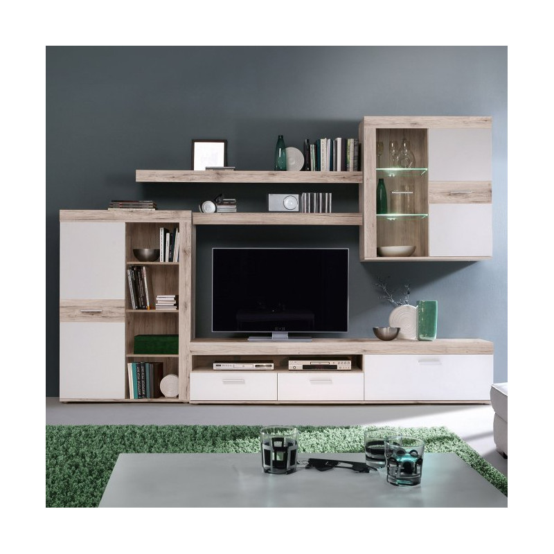 Meblościanka Zumba biały/dąb piaskowy – zabudowa RTV do salonu