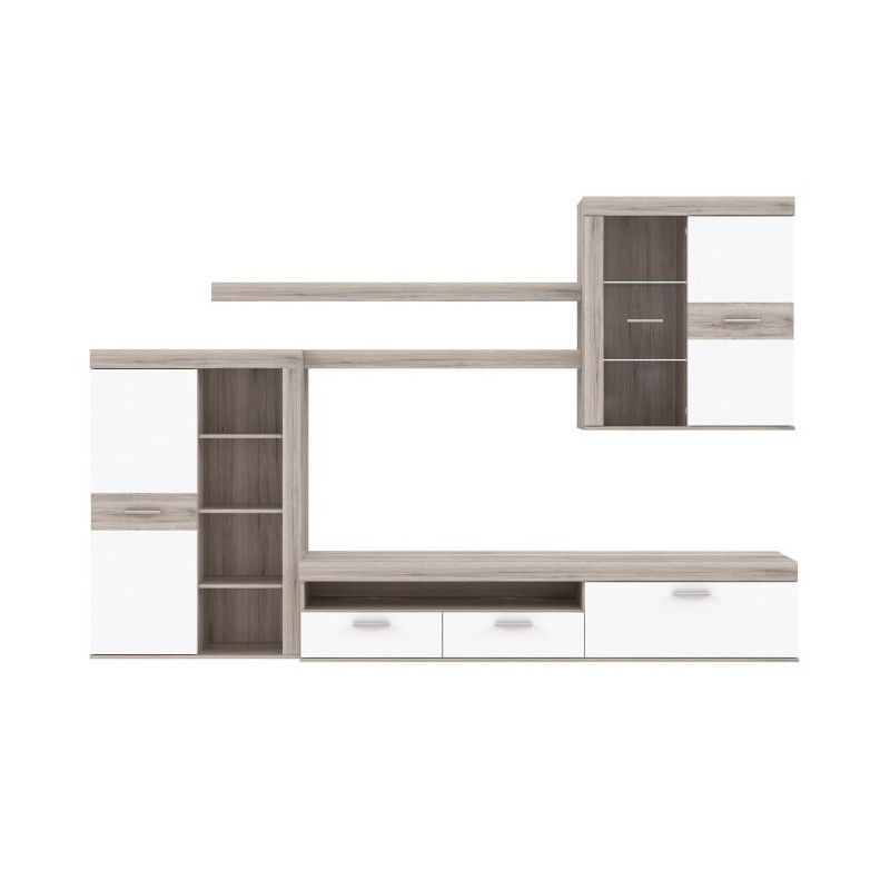 Meblościanka Zumba biały/dąb piaskowy – zabudowa RTV do salonu